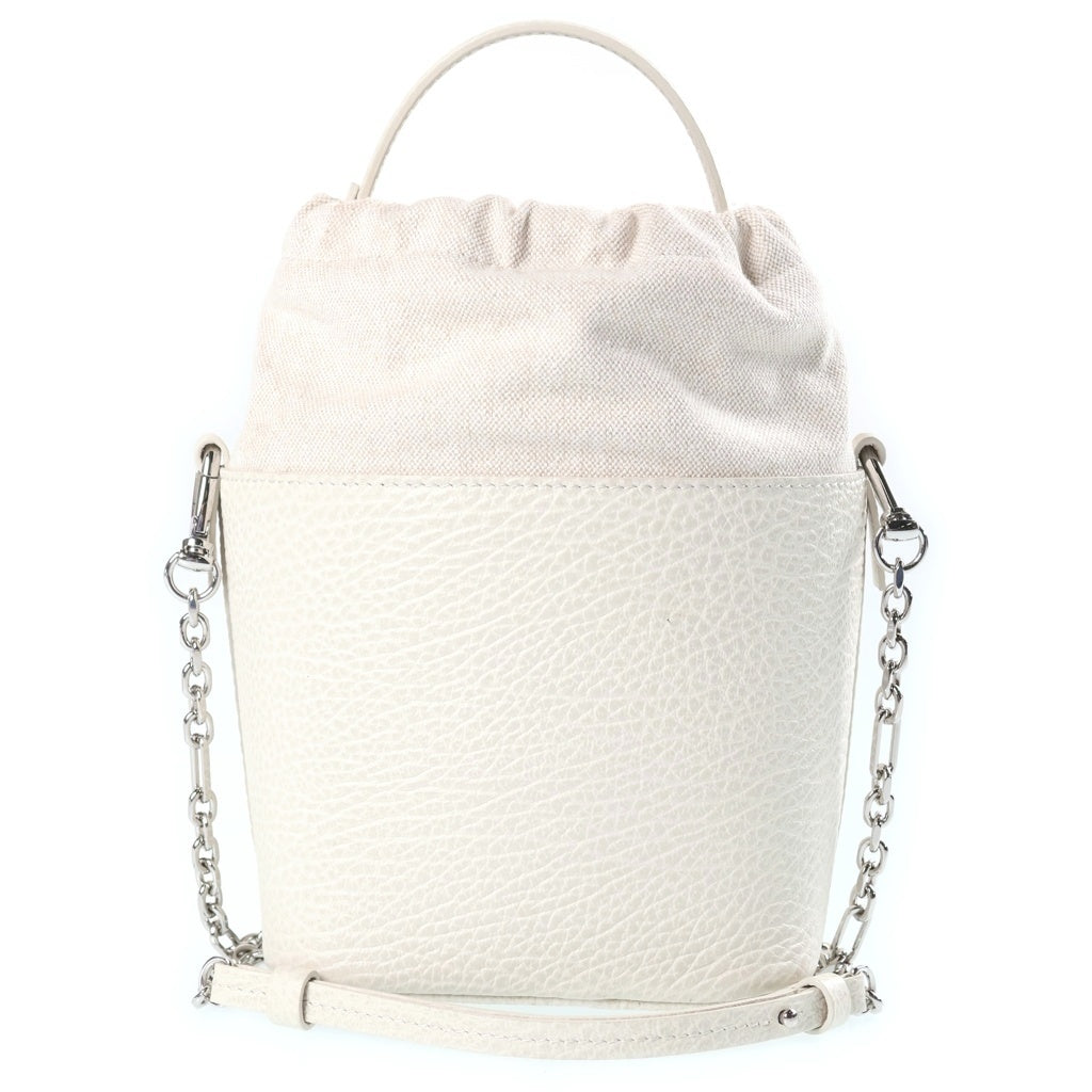 Maison Margiela(メゾンマルジェラ) 5AC バケット チェーンショルダーバッグ ミニバッグ ホワイト レザー×キャンバス シルバー金具 レディース
