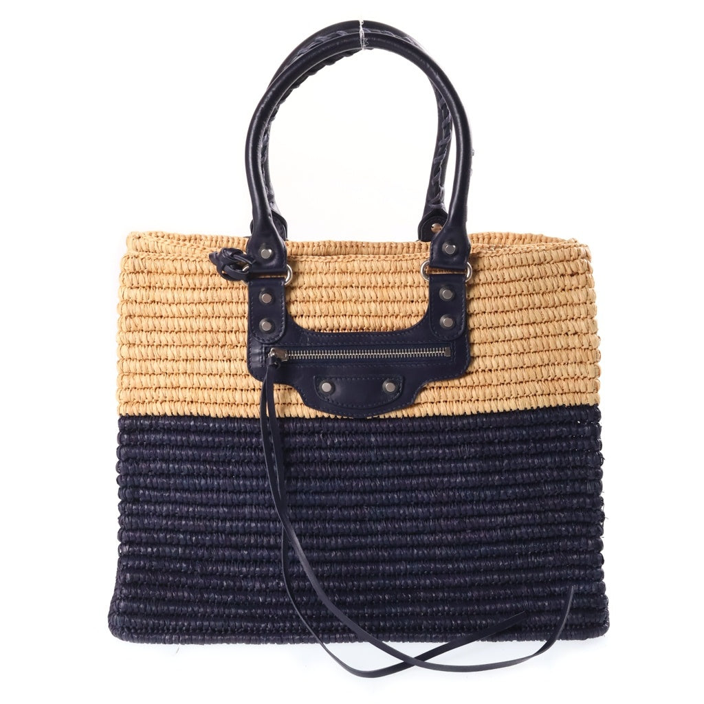 BALENCIAGA(バレンシアガ) カゴバック トートバッグ バイカラー ナチュラル×ネイビー レザー×ラフィア 339560 レディース