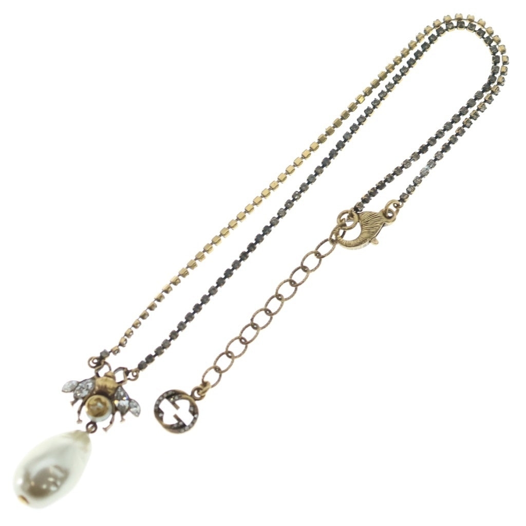 GUCCI(グッチ) ビードロップパール ネックレス メタル ゴールド フェイクパール ラインストーン 629981 レディース