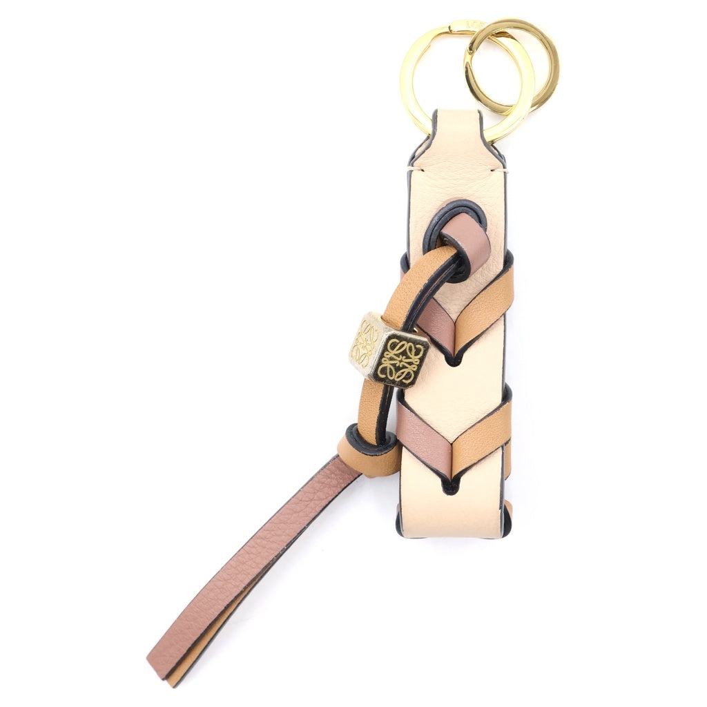 LOEWE(ロエベ) ブレイデッド ストラップ キーリング バッグチャーム ブラウン×ベージュ レザー×GP ゴールド金具 レディース