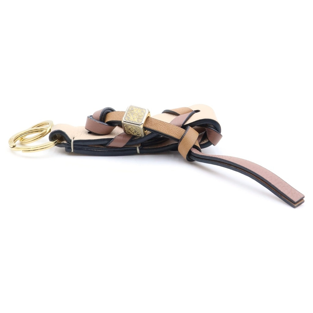 LOEWE(ロエベ) ブレイデッド ストラップ キーリング バッグチャーム ブラウン×ベージュ レザー×GP ゴールド金具 レディース