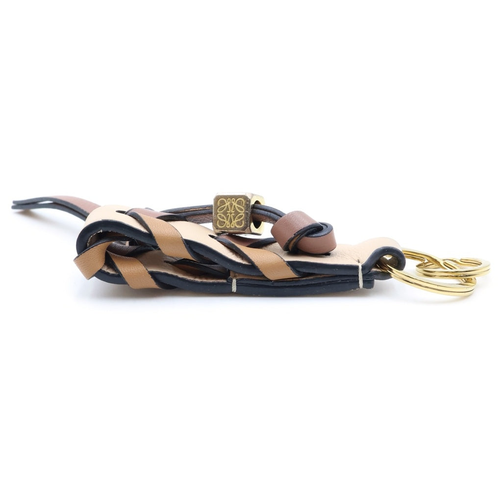 LOEWE(ロエベ) ブレイデッド ストラップ キーリング バッグチャーム ブラウン×ベージュ レザー×GP ゴールド金具 レディース