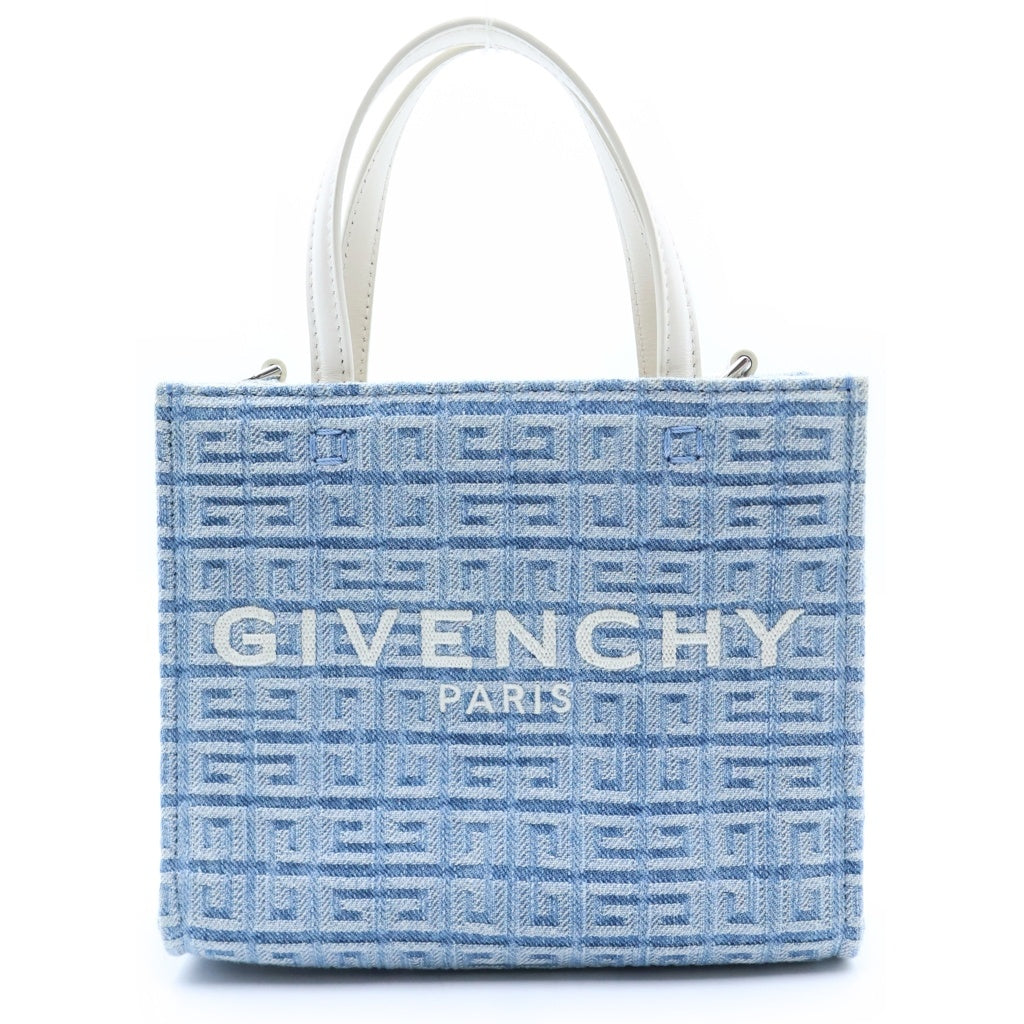 GIVENCHY(ジバンシィ) Gトート ミニ 2WAYハンドバッグ ショルダーバッグ ホワイト×ライトブルー レザー×デニム シルバー金具 レディース