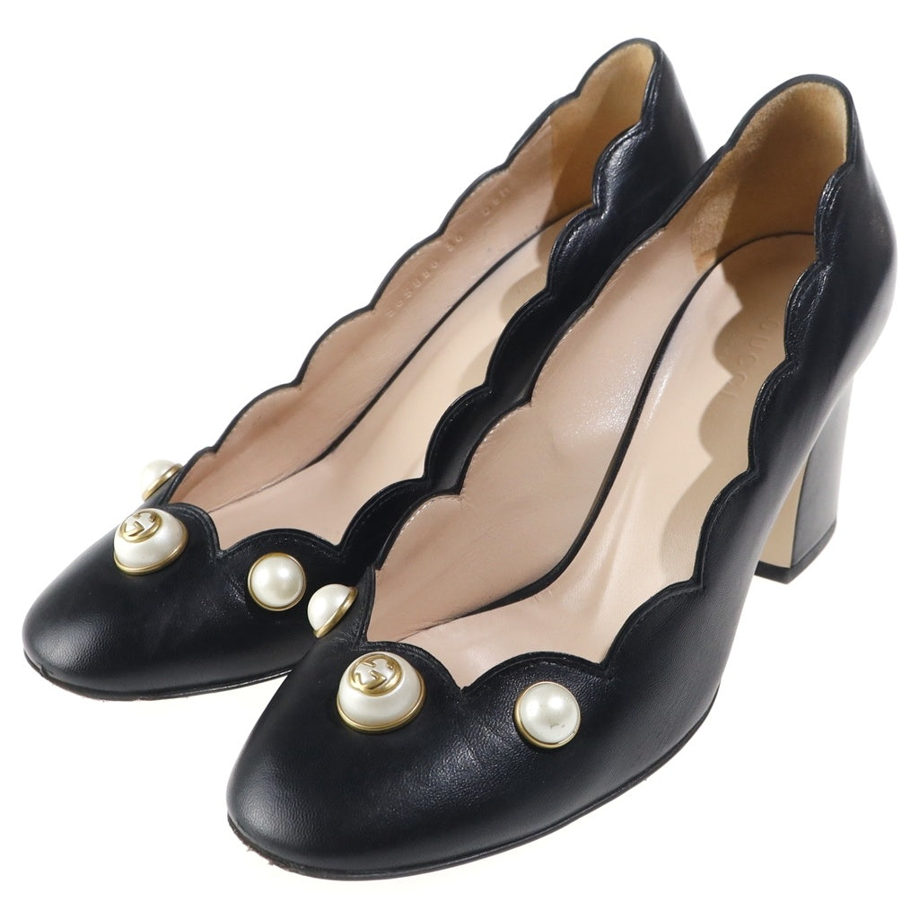 GUCCI(グッチ) パール装飾 レザーヒールパンプス ブラック レディース