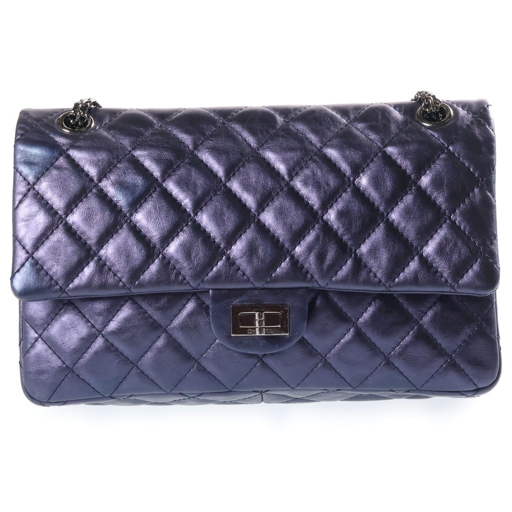 CHANEL(シャネル) マトラッセ2.55 ラージ WフラップWチェーン ショルダーバッグ シルバー金具 カーフスキン A37587 ネイビー レディース