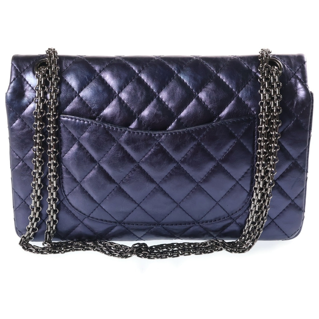 CHANEL(シャネル) マトラッセ2.55 ラージ WフラップWチェーン ショルダーバッグ シルバー金具 カーフスキン A37587 ネイビー レディース