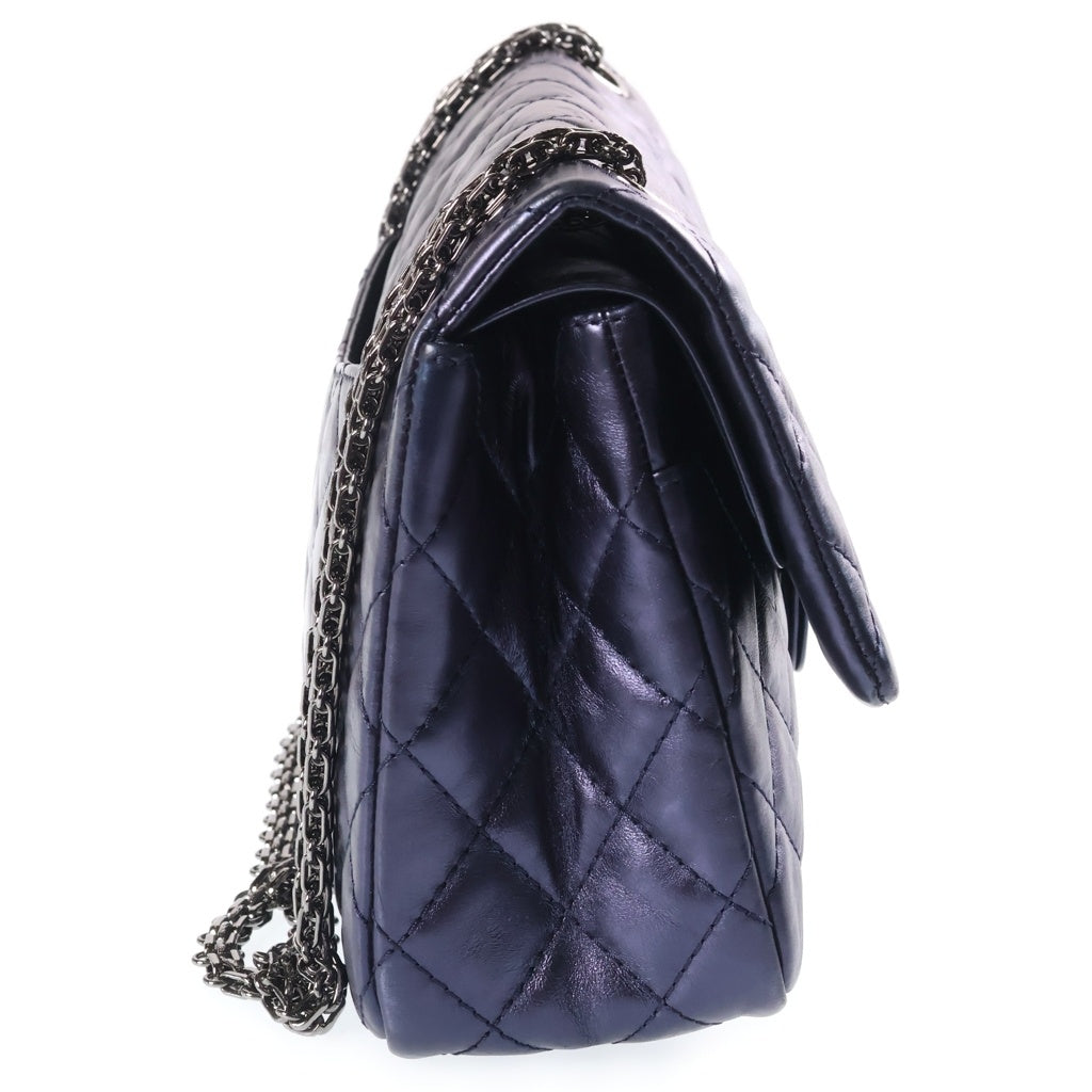 CHANEL(シャネル) マトラッセ2.55 ラージ WフラップWチェーン ショルダーバッグ シルバー金具 カーフスキン A37587 ネイビー レディース