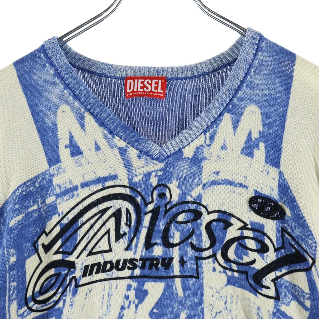 DIESEL(ディーゼル) K-Oliba-V ロゴVネック ニットセーター ブルー×ホワイト RN93243