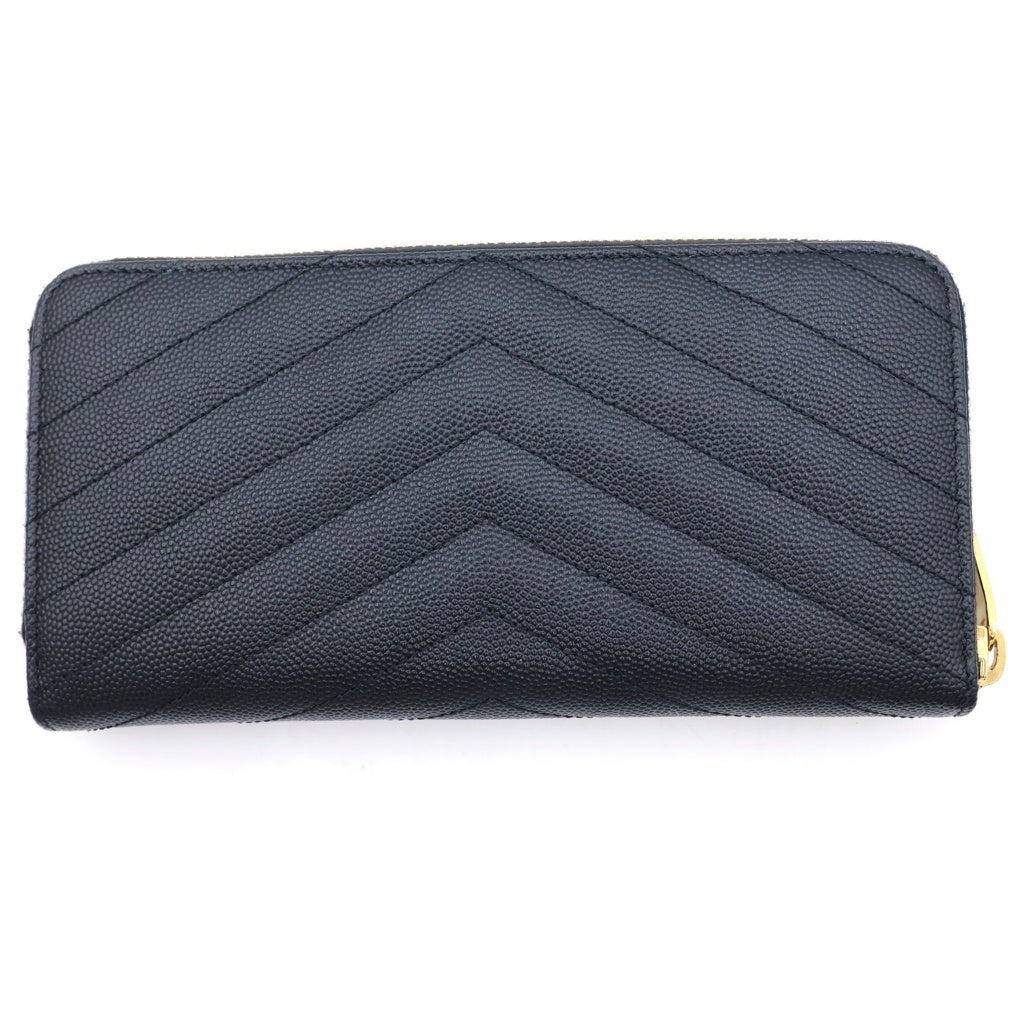 SAINT LAURENT PARIS(サンローランパリ) カサンドラ ロゴプレート Vステッチ レザー ラウンドファスナー ロングウォレット 長財布 ブラック ゴールド金具 358094 レディース