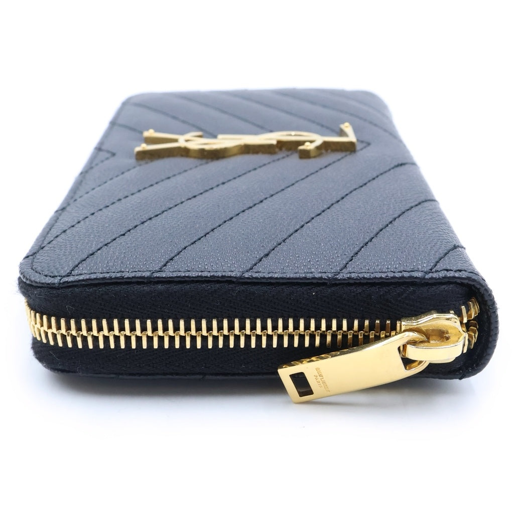 SAINT LAURENT PARIS(サンローランパリ) カサンドラ ロゴプレート Vステッチ レザー ラウンドファスナー ロングウォレット 長財布 ブラック ゴールド金具 358094 レディース