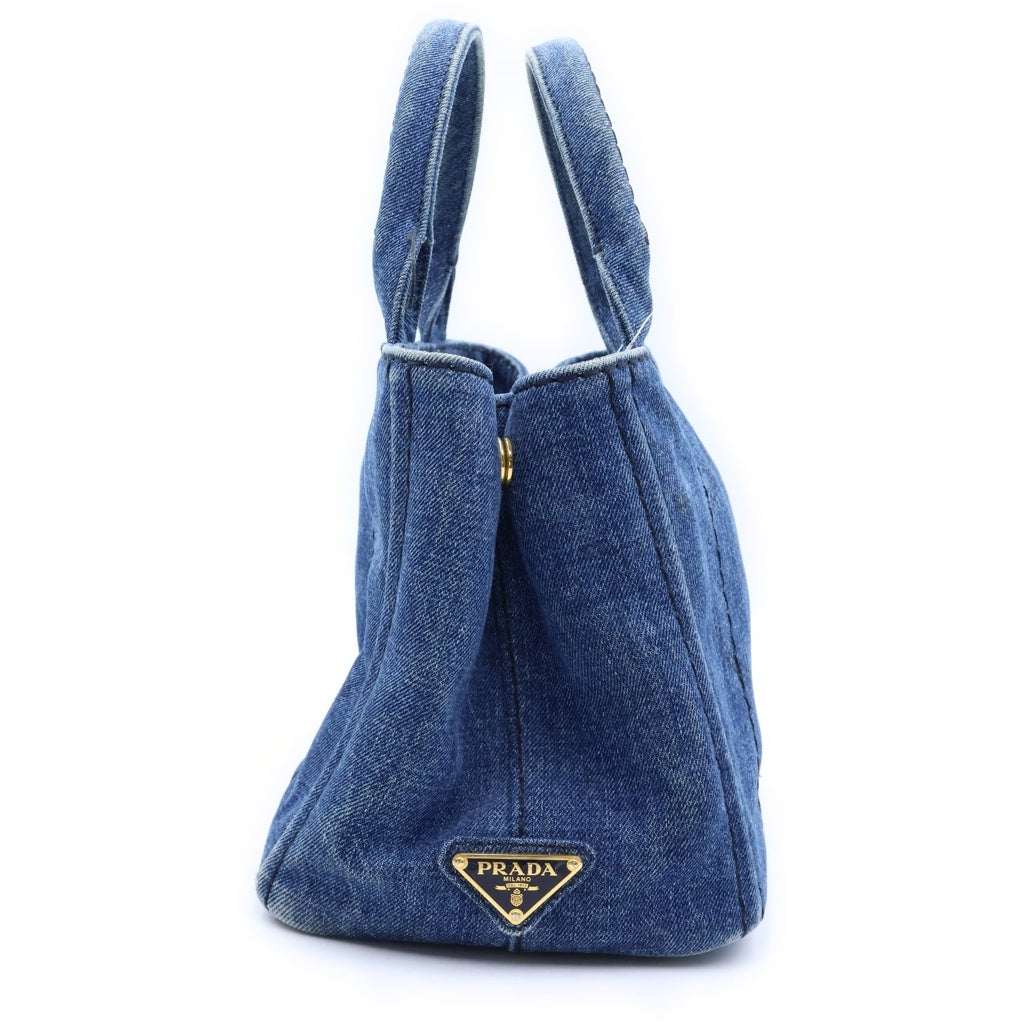 PRADA(プラダ) カナパ ミニ ハンドバッグ インディゴブルー デニム ゴールド金具 レディース