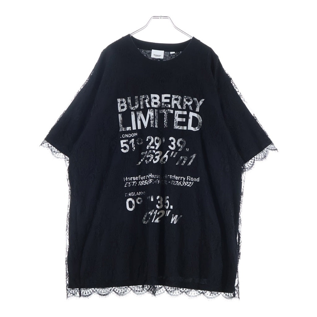 BURBERRY(バーバリー) レース オーバーレイ コーディネート ロゴプリント 半袖Tシャツ カットソー ブラック レディース 8042696
