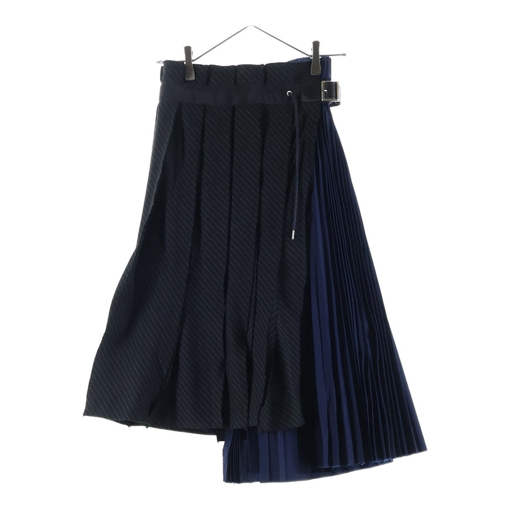 Sacai(サカイ) 19SS ドッキング プリーツ レザーベルト ラップ ミディアムスカート ネイビー/ブラック レディース 19-04257