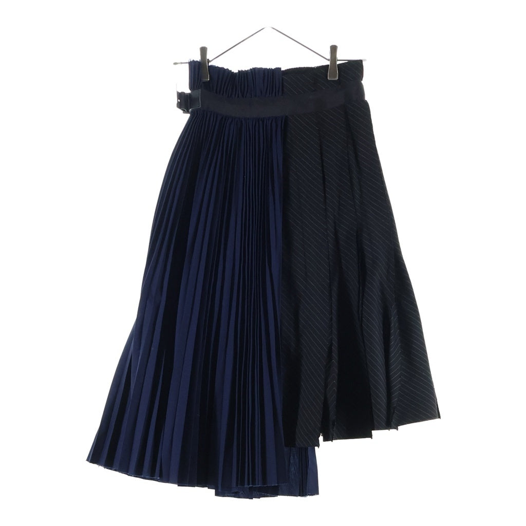 Sacai(サカイ) 19SS ドッキング プリーツ レザーベルト ラップ ミディアムスカート ネイビー/ブラック レディース 19-04257