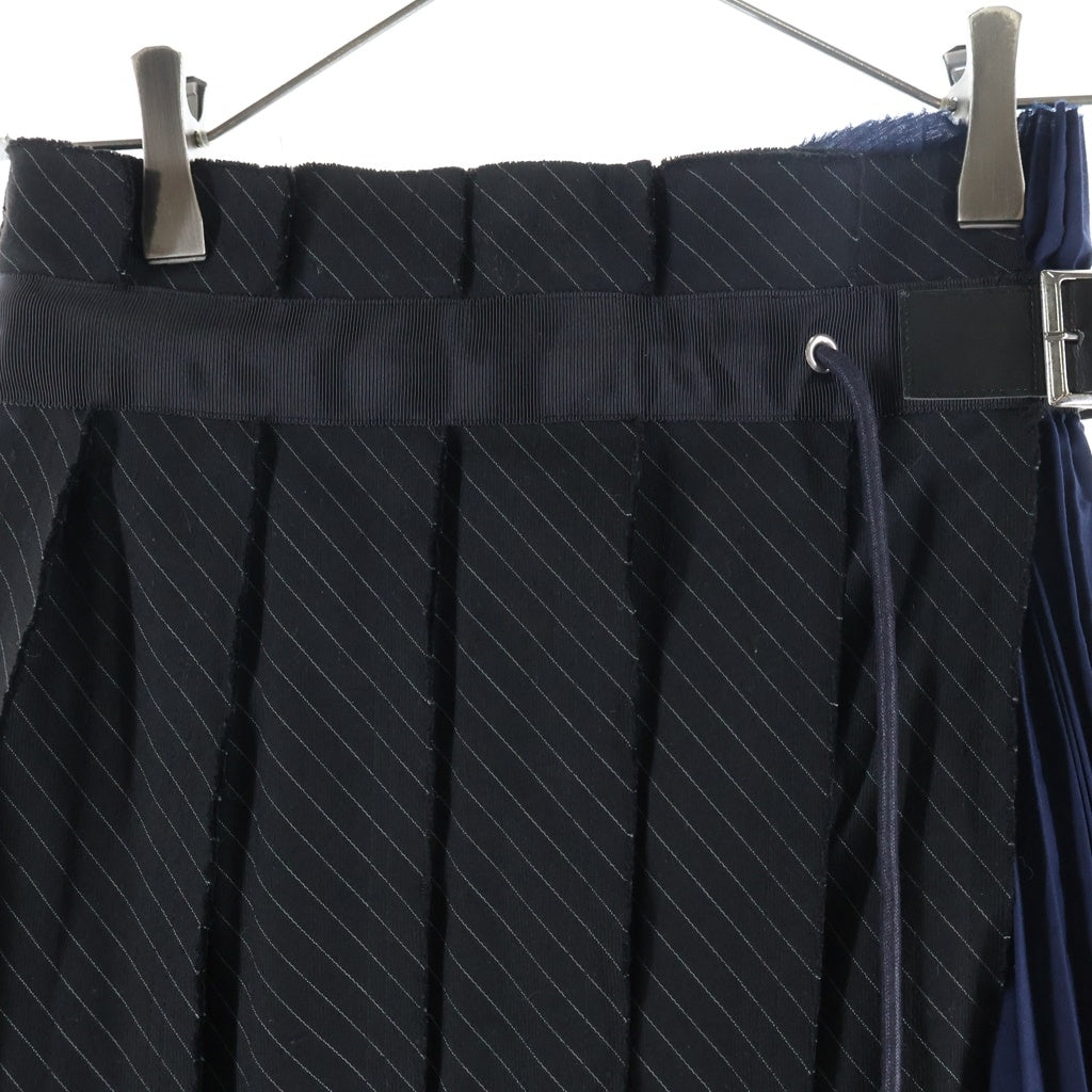 Sacai(サカイ) 19SS ドッキング プリーツ レザーベルト ラップ ミディアムスカート ネイビー/ブラック レディース 19-04257