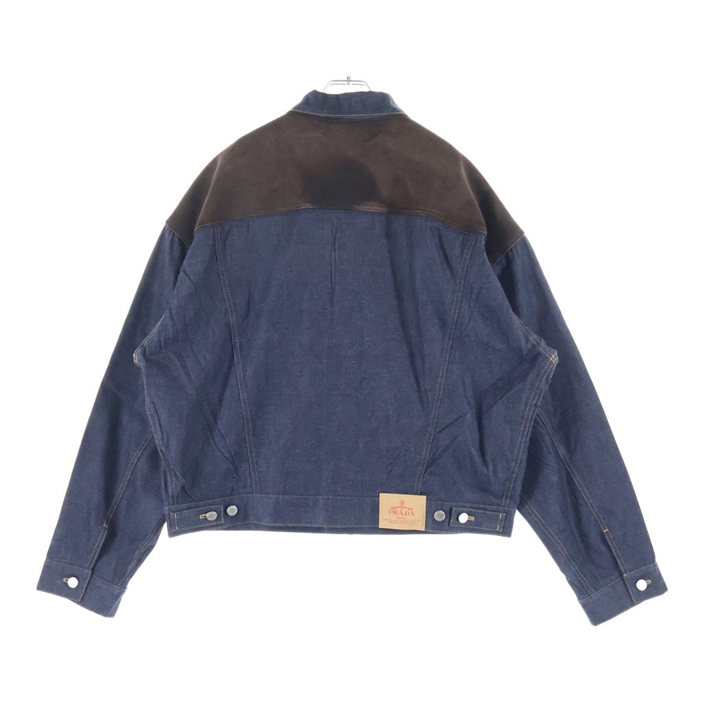 PRADA(プラダ) Denim and suede blouson jacket スエードレザー切り替え デニム トラッカー ジャケット ブルゾン インディゴ/ブラウン GEB291