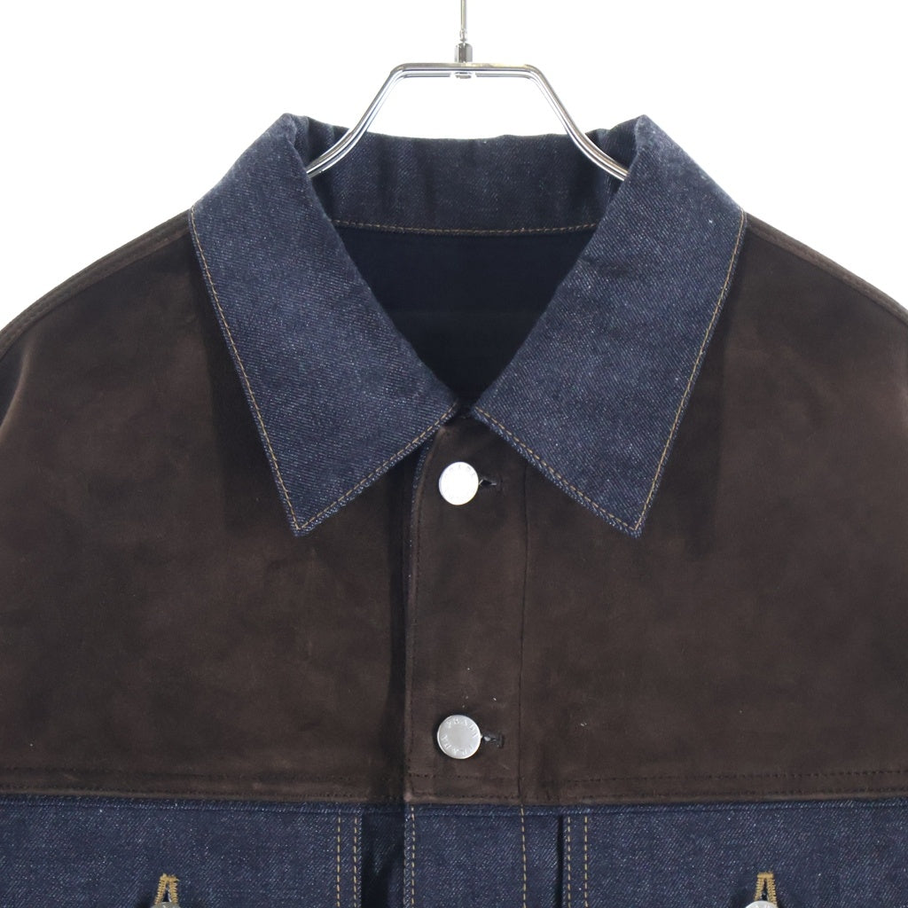 PRADA(プラダ) Denim and suede blouson jacket スエードレザー切り替え デニム トラッカー ジャケット ブルゾン インディゴ/ブラウン GEB291