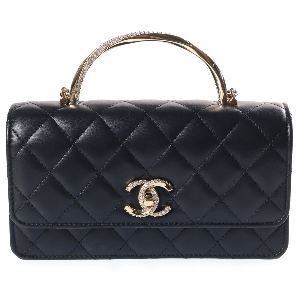 CHANEL(シャネル) マトラッセ トップハンドル ラインストーン ラムスキン レザー 2WAY ハンド チェーン ウォレット ショルダーバッグ ゴールド金具 ブラック シール レディース