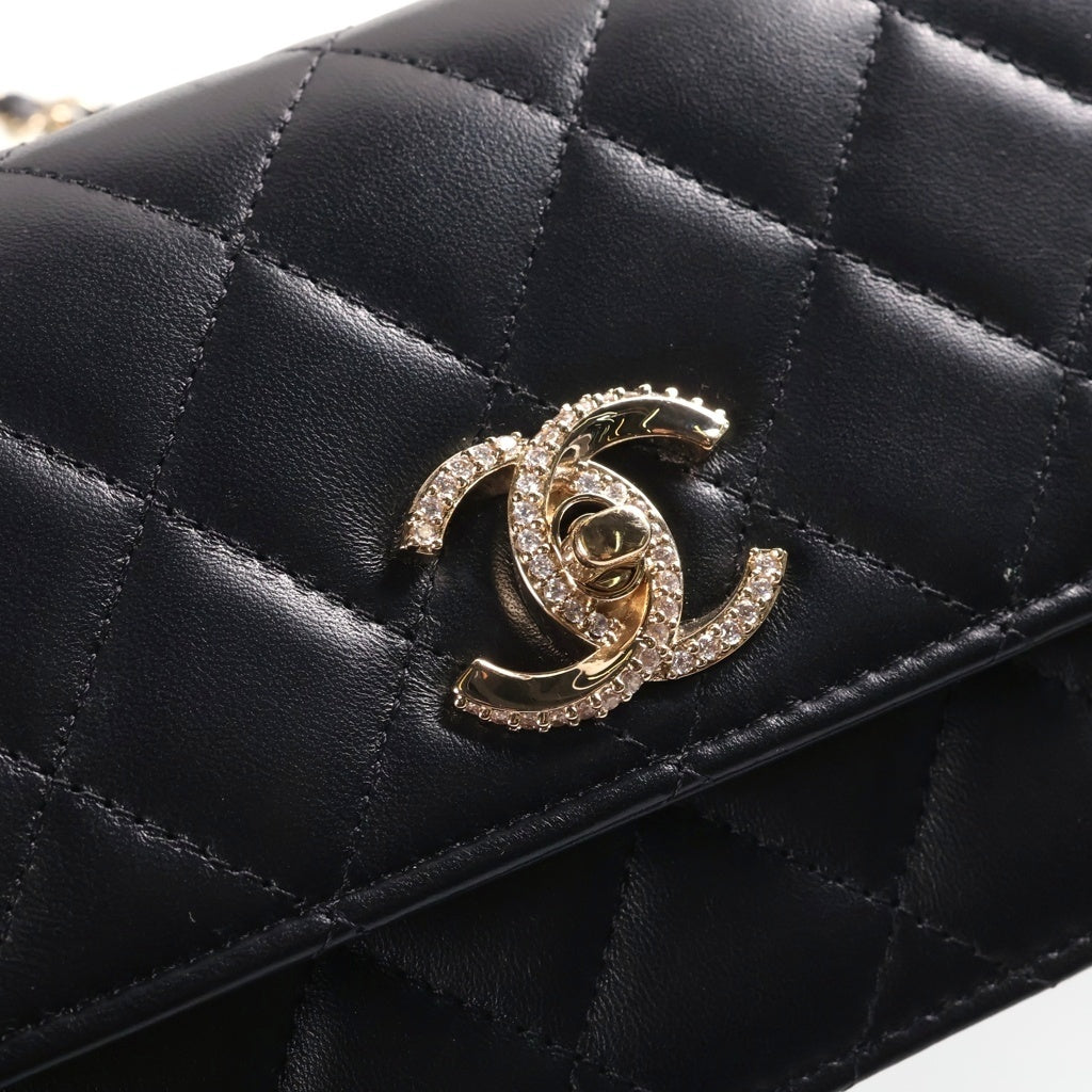 CHANEL(シャネル) マトラッセ トップハンドル ラインストーン ラムスキン レザー 2WAY ハンド チェーン ウォレット ショルダーバッグ ゴールド金具 ブラック シール レディース