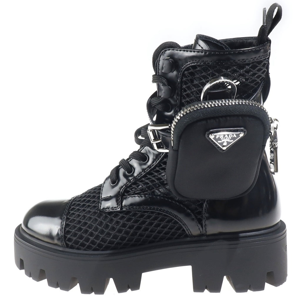 PRADA(プラダ) ストライド メッシュファブリックxブラッシュドレザー ブーティー ブーツ ナイロン×エナメル ブラック 1T337O_2DZ8_F0002_F_050 レディース