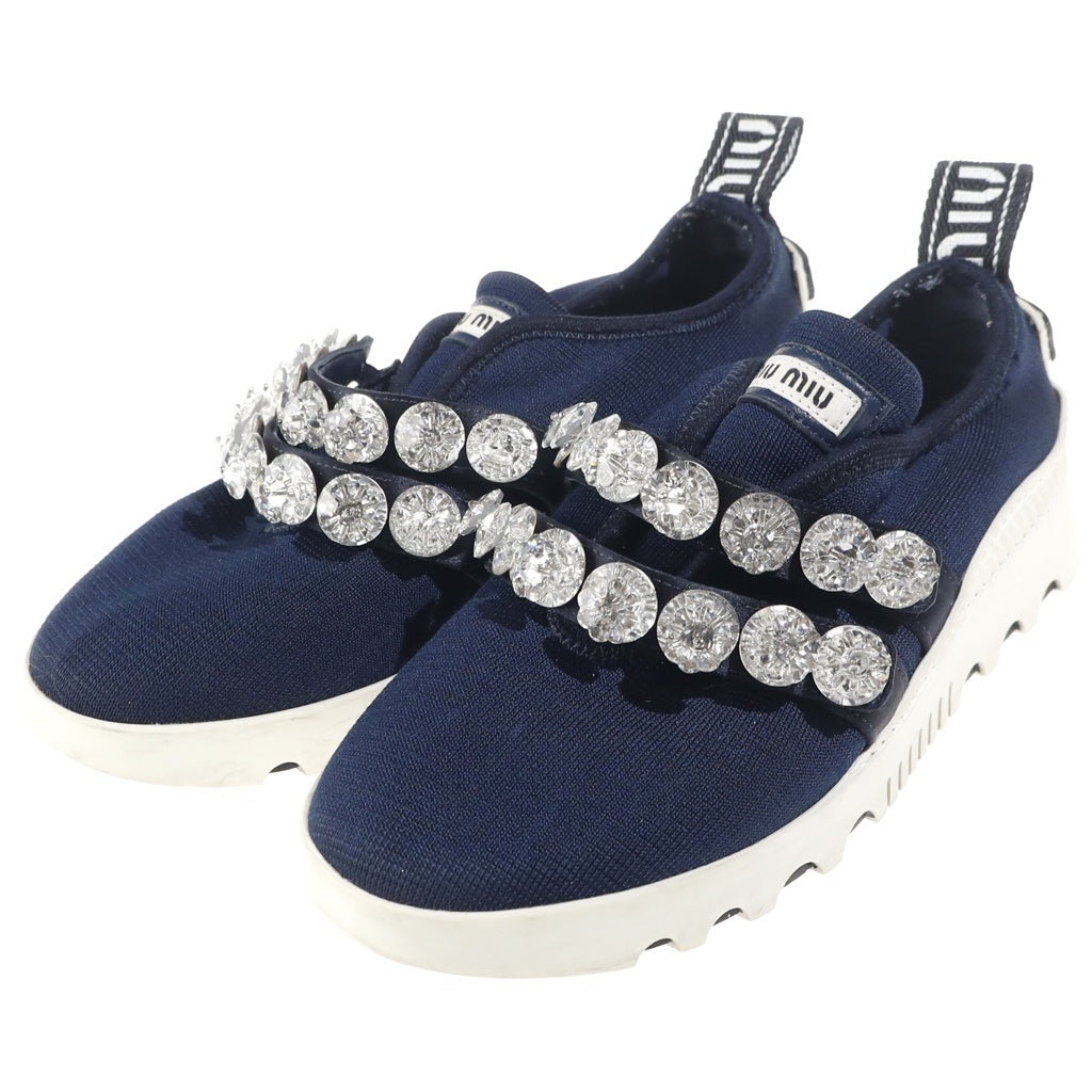 miumiu(ミュウミュウ) クリスタルビジュー ローカットスニーカー ネイビー キャンバス