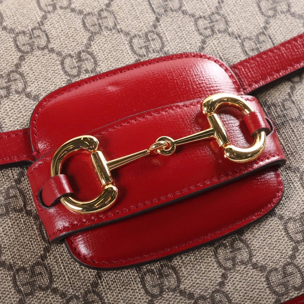 GUCCI(グッチ) ホースビット 1955 ミディアム ショルダーバッグ ベージュ×レッド PVC×レザー 602204 ゴールド金具 レディース