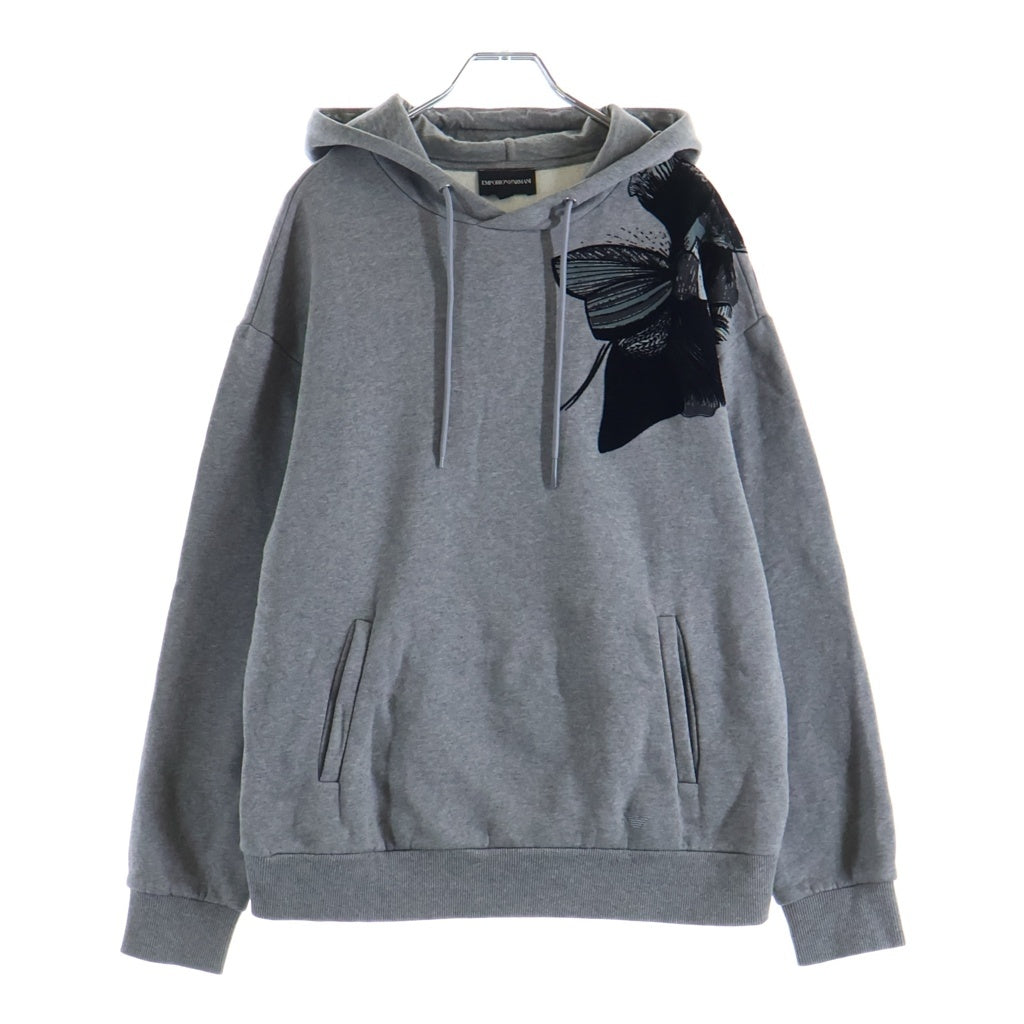 EMPORIO ARMANI(エンポリオアルマーニ) Flower Embroidery Hoodie 花柄刺繍 プルオーバーフーディー パーカー コットン 裏起毛 グレー 6H1M6Q 1JH6Z