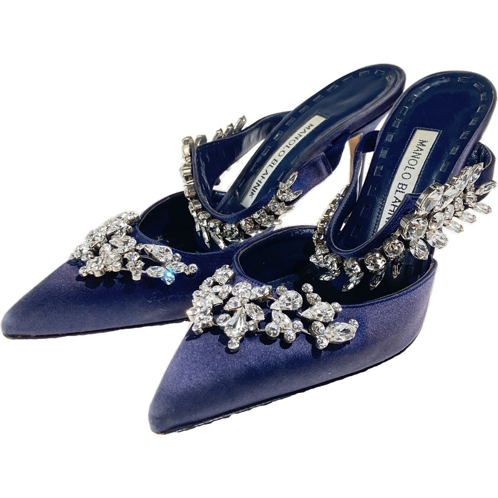 MANOLO BLAHNIK(マノロブラニク) ルマム ラインストーン装飾サテンヒールパンプス ネイビー レディース