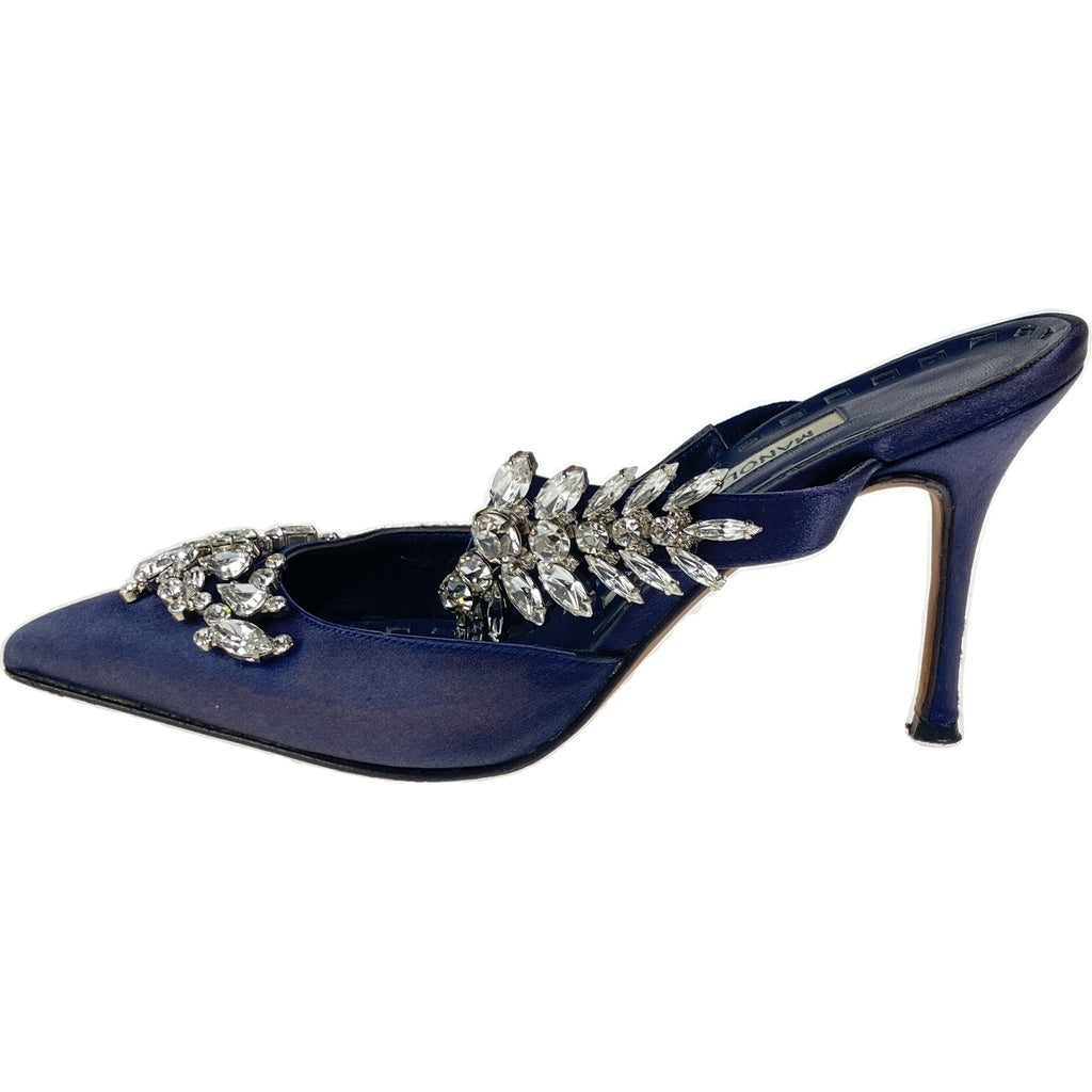 MANOLO BLAHNIK(マノロブラニク) ルマム ラインストーン装飾サテンヒールパンプス ネイビー レディース