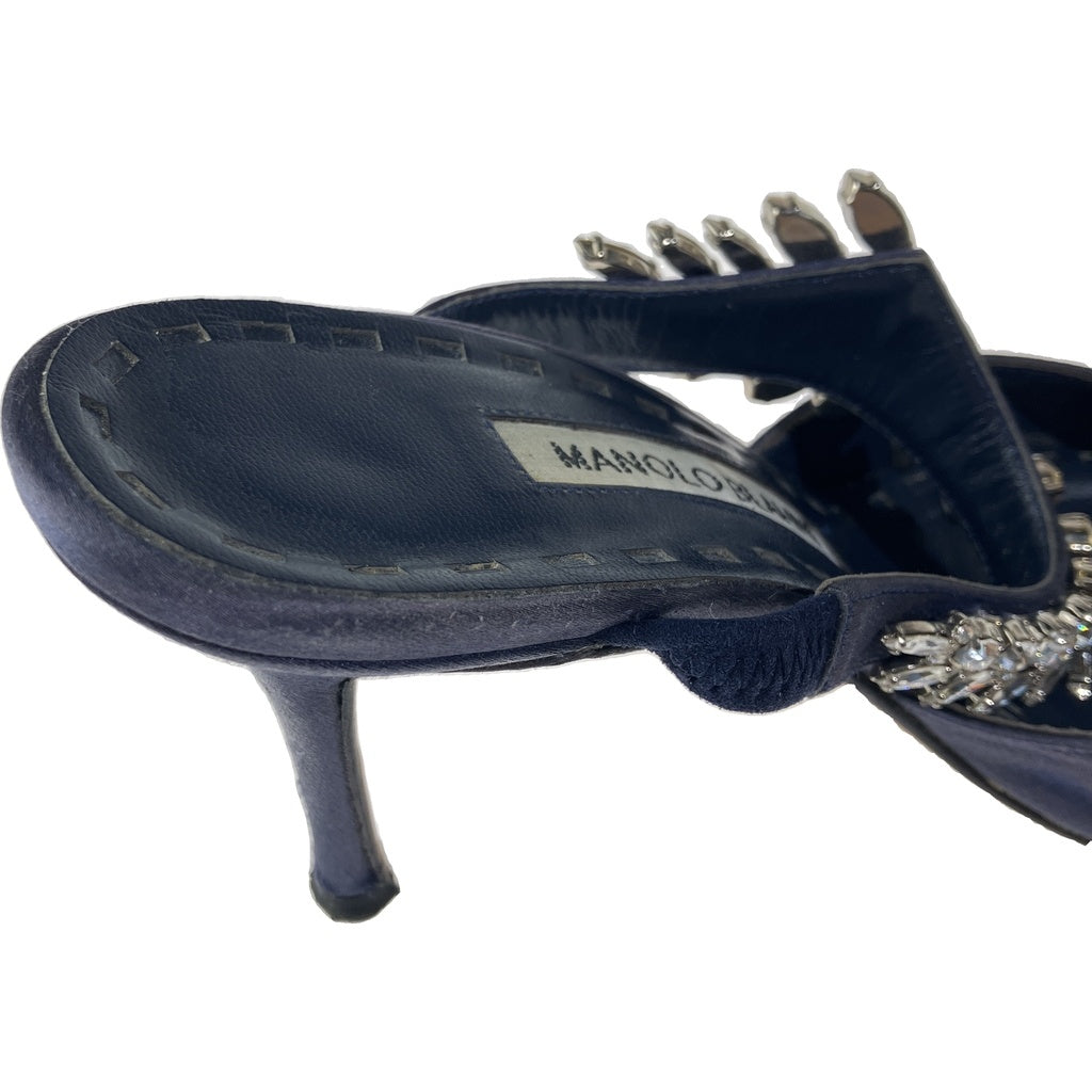 MANOLO BLAHNIK(マノロブラニク) ルマム ラインストーン装飾サテンヒールパンプス ネイビー レディース
