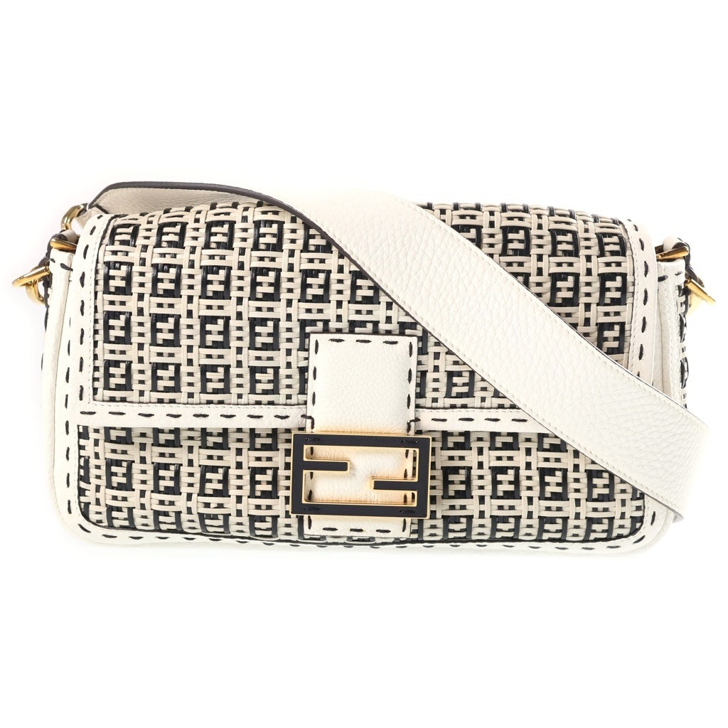 FENDI(フェンディ) バゲット ショルダーバッグ ハンドバッグ 2way ゴールド金具 ラフィア レザー ブラック/ホワイト レディース