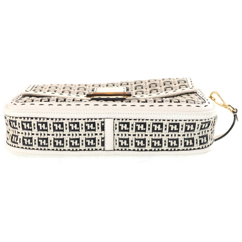 FENDI(フェンディ) バゲット ショルダーバッグ ハンドバッグ 2way ゴールド金具 ラフィア レザー ブラック/ホワイト レディース