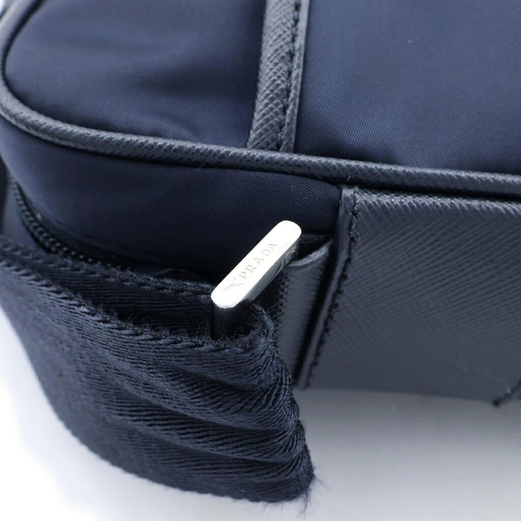 PRADA(プラダ) トライアングルロゴプレート ショルダーバッグ ネイビー レザー×ナイロン 2VH143 シルバー金具