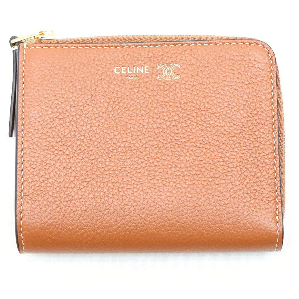 CELINE(セリーヌ) フラット ジップウォレット トリオンフスタンプ L字ファスナー財布 ブラウン レザー