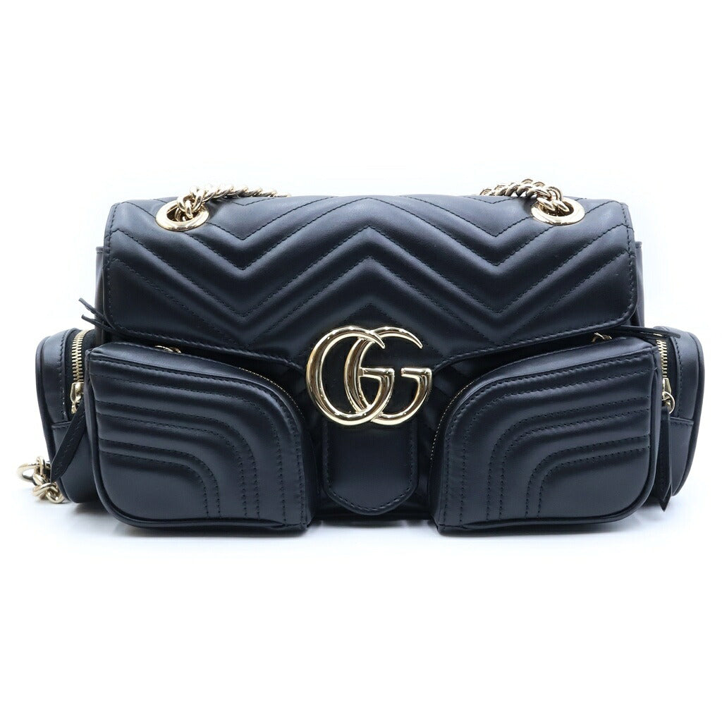 GUCCI(グッチ) GGマーモント チェーンショルダーバッグ ブラック レザー シャンパンゴールド金具 795228 レディース