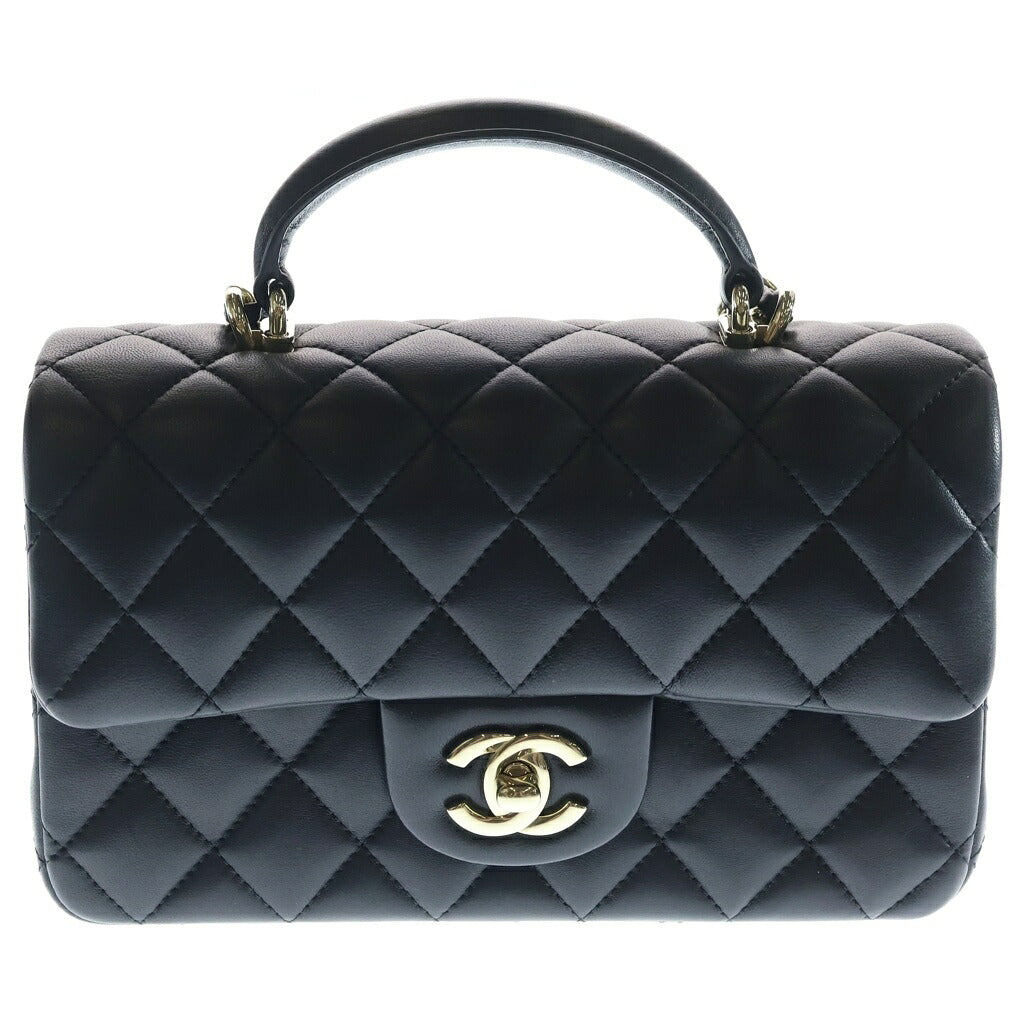 CHANEL(シャネル) マトラッセ ミニ トップハンドル フラップバック ハンドバッグ ショルダーバッグ ゴールド金具 プレートシリアル ラムスキン ブラック AS2431