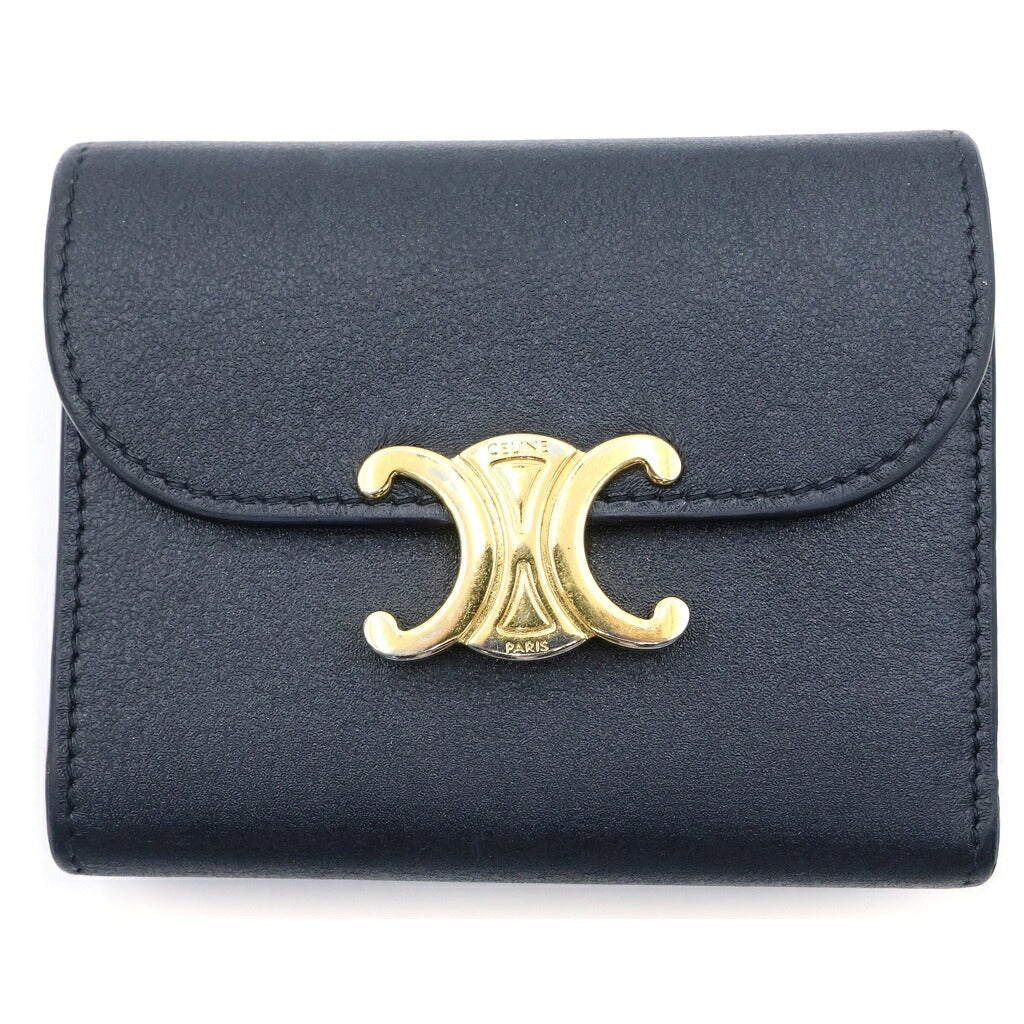 CELINE(セリーヌ) トリオンフ コンパクトウォレット 三つ折り財布 ブラック レザー ゴールド金具