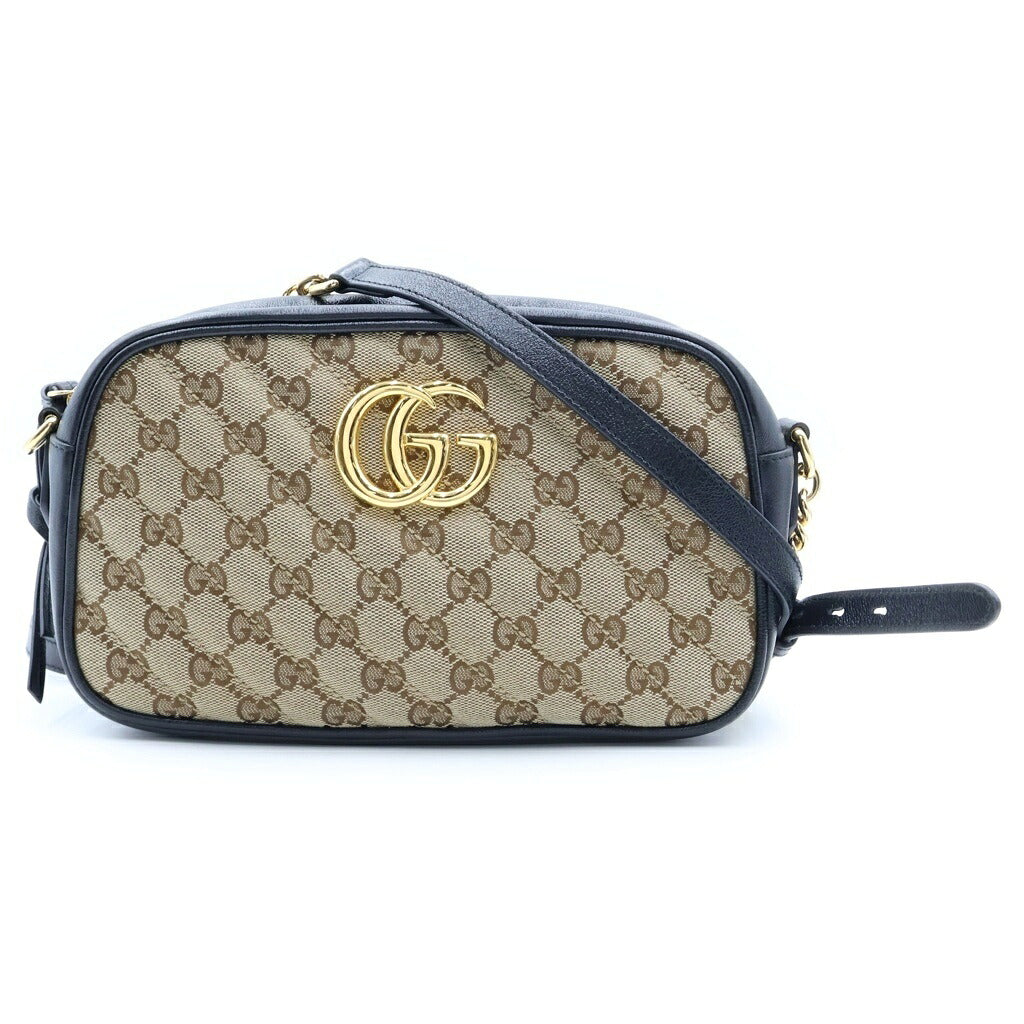 GUCCI(グッチ) GGマーモント ショルダーバッグ ベージュ×ブラック キャンバス×レザー 447632 ゴールド金具