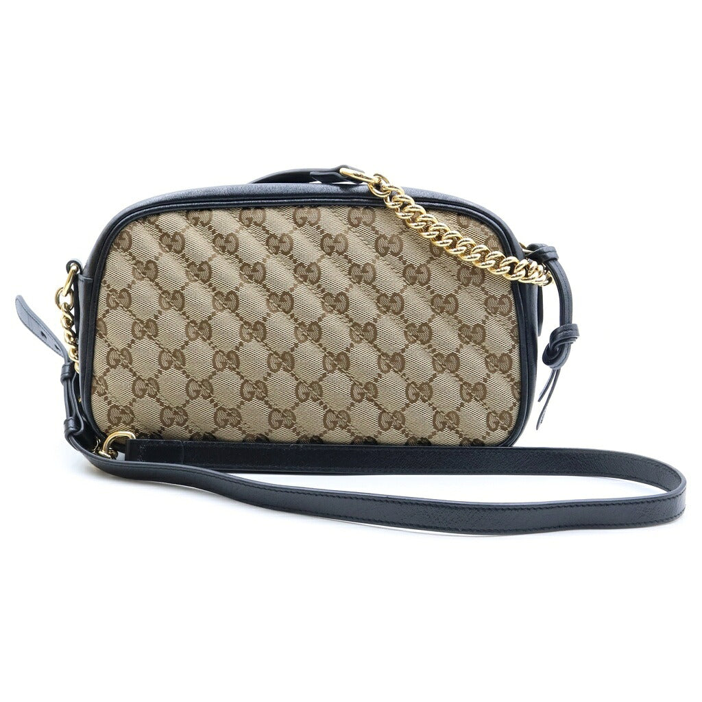 GUCCI(グッチ) GGマーモント ショルダーバッグ ベージュ×ブラック キャンバス×レザー 447632 ゴールド金具