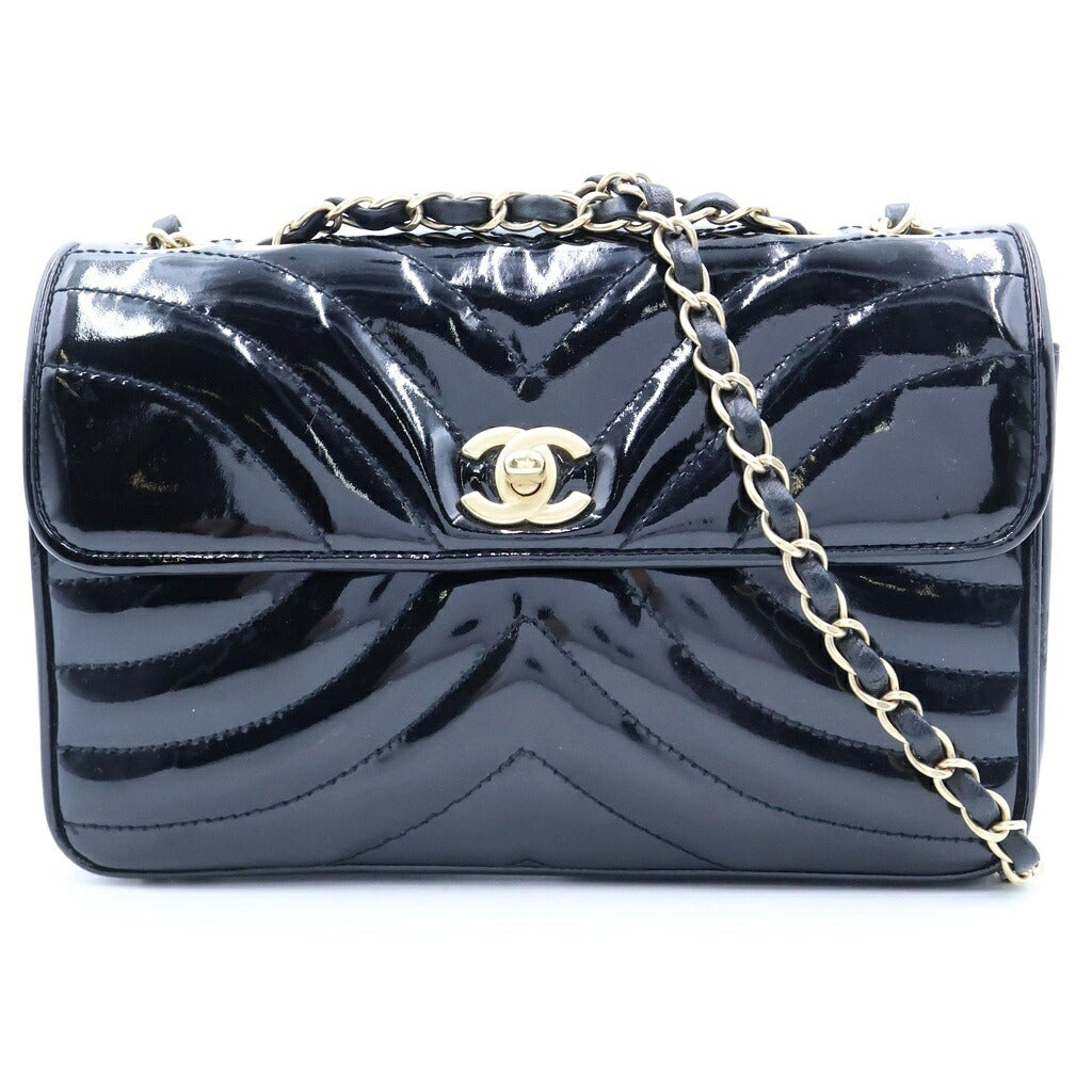 CHANEL(シャネル) Vステッチ チェーンショルダーバッグ ハンドバッグ ブラック パテントレザー ゴールド金具 シール有 8番台