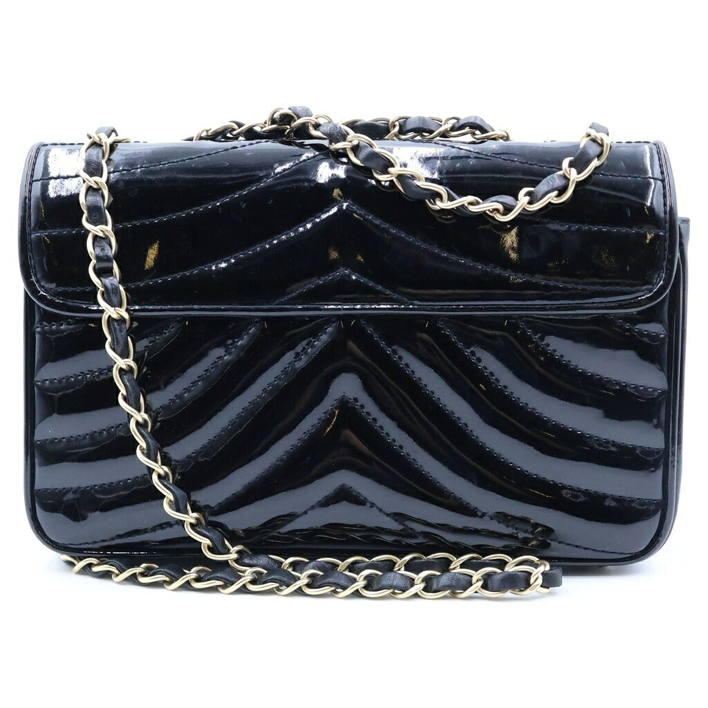 CHANEL(シャネル) Vステッチ チェーンショルダーバッグ ハンドバッグ ブラック パテントレザー ゴールド金具 シール有 8番台