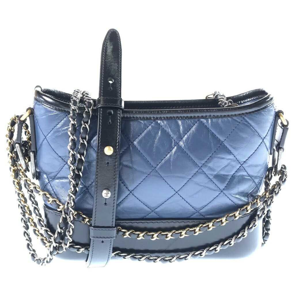 CHANEL(シャネル) ガブリエル ドゥ シャネル スモール ホーボーバッグ チェーンショルダーバッグ ブラック×ブルー カーフスキン 27番台 A91810 ゴールド×シルバー金具