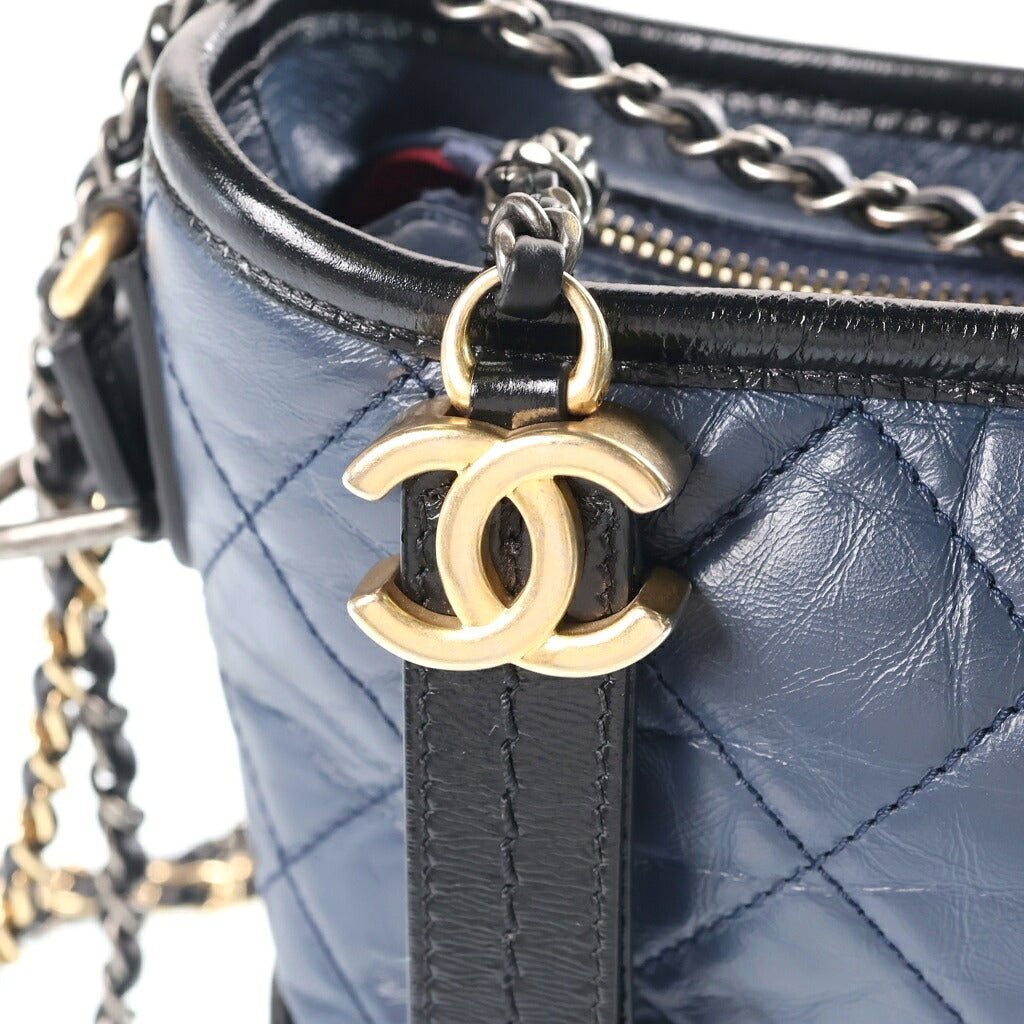 CHANEL(シャネル) ガブリエル ドゥ シャネル スモール ホーボーバッグ チェーンショルダーバッグ ブラック×ブルー カーフスキン 27番台 A91810 ゴールド×シルバー金具