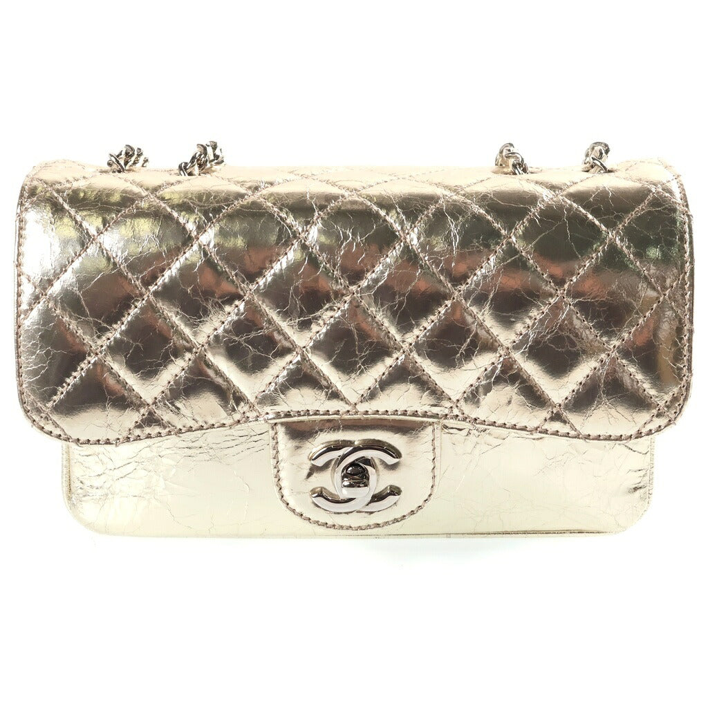 CHANEL(シャネル) ミニマトラッセ20 シングルフラップ ダブルチェーンショルダーバッグ メタリックゴールド カーフスキン シルバー金具 シール有 16番台