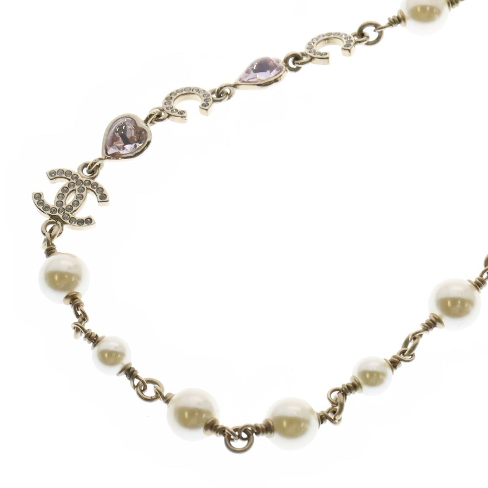 CHANEL(シャネル) ココマーク フェイクパール×ラインストーン ネックレス ハートモチーフ ペンダント ゴールド金具 B22B