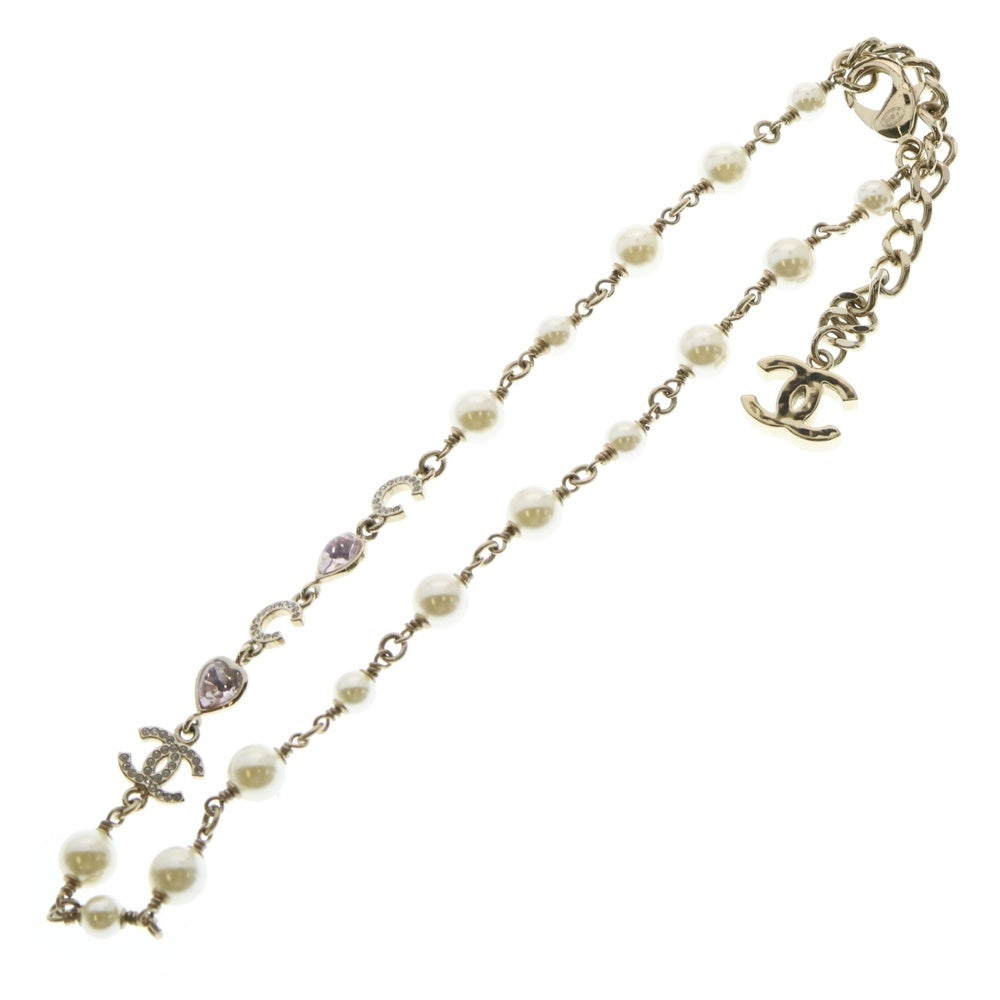 CHANEL(シャネル) ココマーク フェイクパール×ラインストーン ネックレス ハートモチーフ ペンダント ゴールド金具 B22B