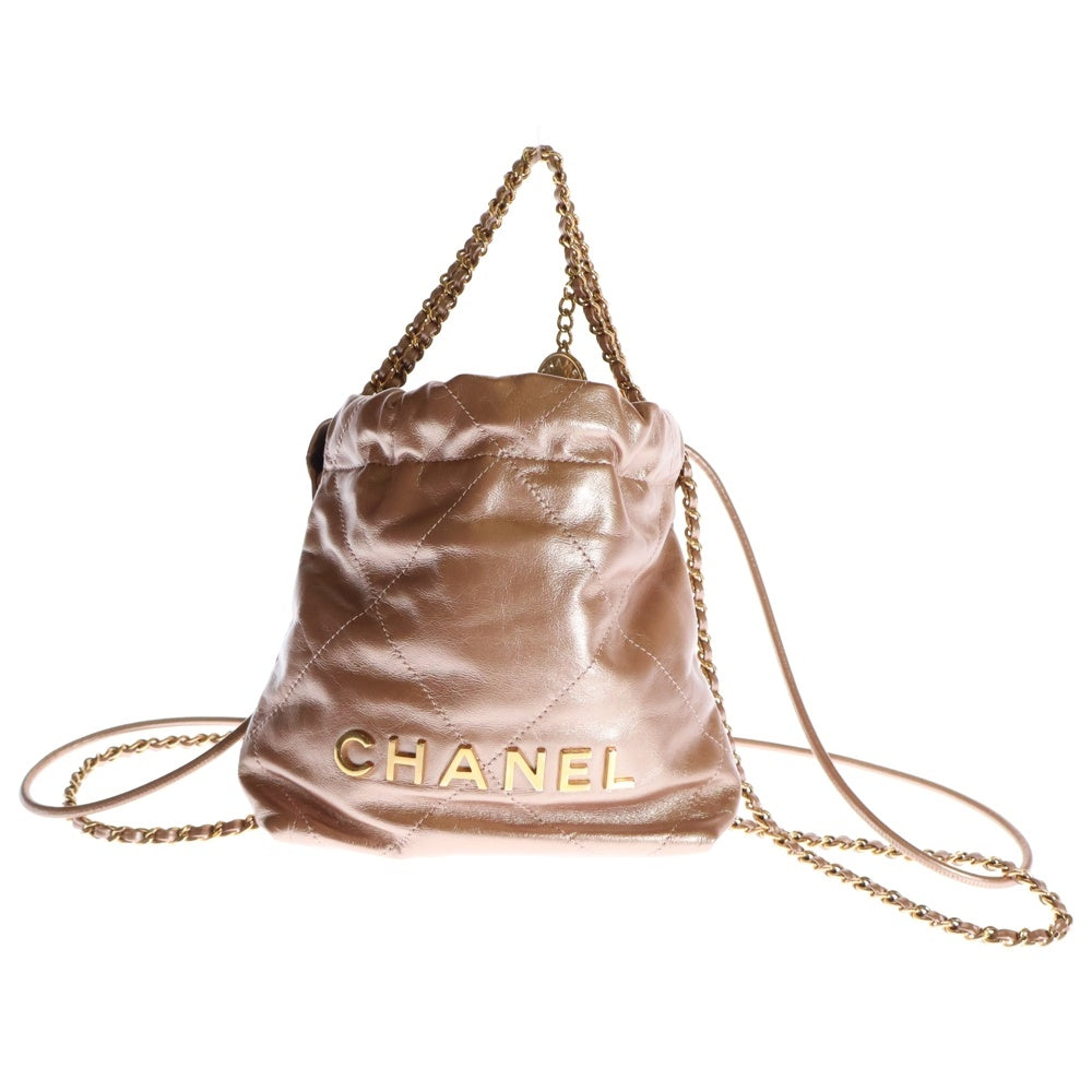 CHANEL(シャネル) シャネル22ミニ ショルダーバッグ チェーンバッグ ミニバッグ 巾着バッグ シャイニーカーフスキン メタリックピンク プレート ゴールド金具 AS3980