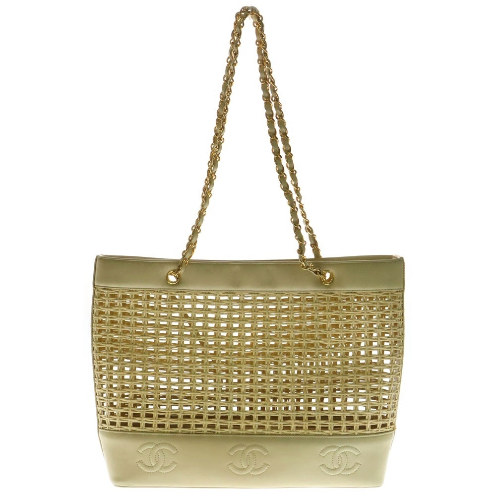 CHANEL(シャネル) トリプルココマーク ラムスキン レザー ストロー カゴ チェーン ストラップ トートバッグ ゴールド金具 ベージュ 4番台
