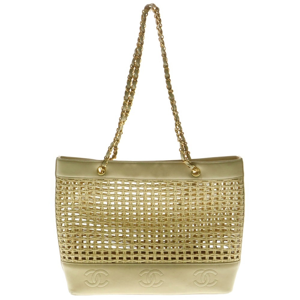 CHANEL(シャネル) トリプルココマーク ラムスキン レザー ストロー カゴ チェーン ストラップ トートバッグ ゴールド金具 ベージュ 4番台