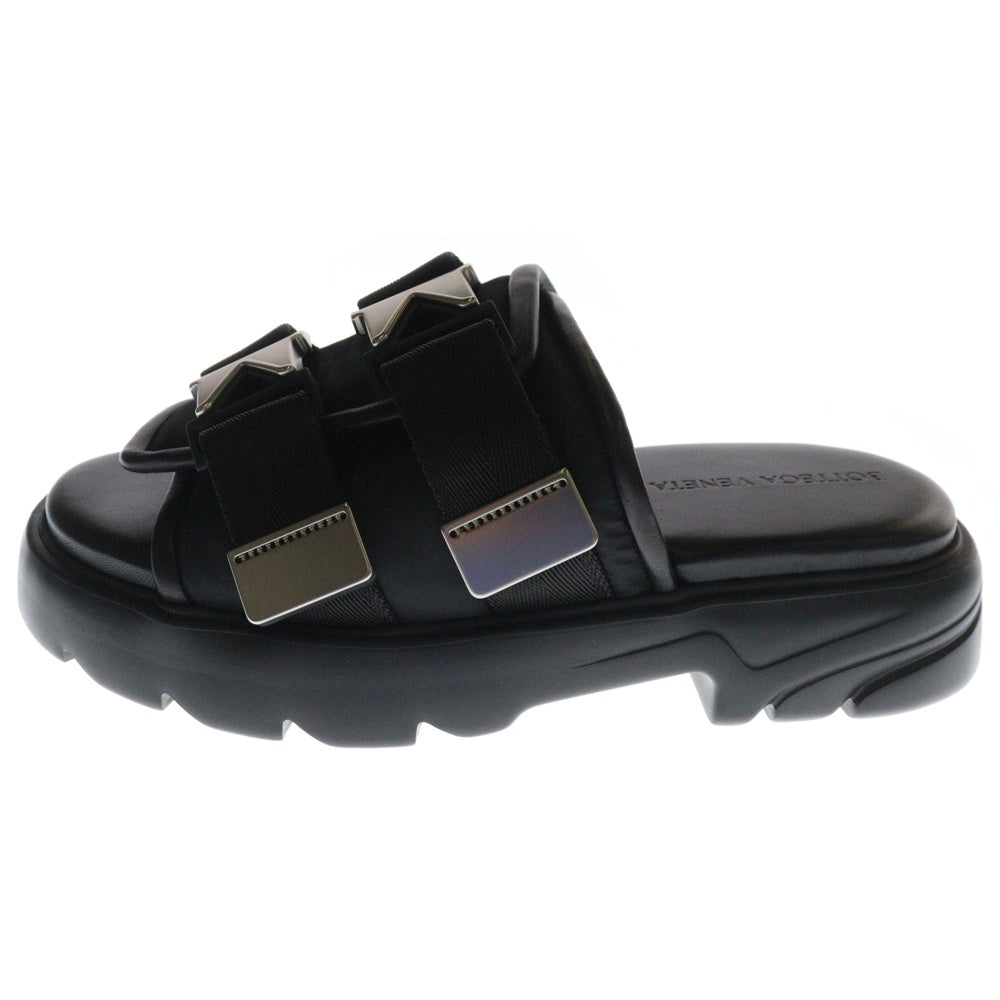 BOTTEGA VENETA(ボッテガヴェネタ) FLASH フラッシュ ダブルバックル レザー ナイロン フラットサンダル ブラック/シルバー